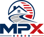 MPX real estate logo with house and road in blue, red, and gray