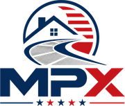 MPX real estate logo with house and road in blue, red, and gray