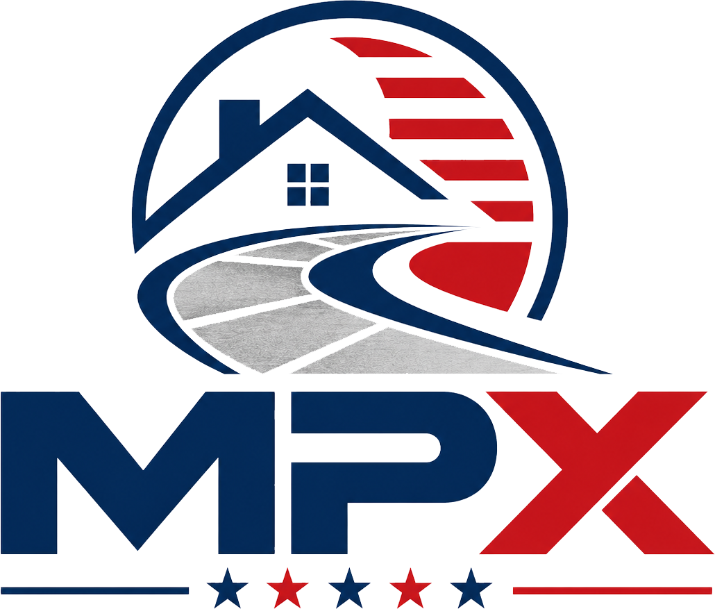 MPX real estate logo with house and road in blue, red, and gray