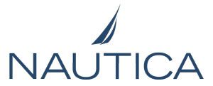 The logo for nautica is blue and white and has a sailboat on it.