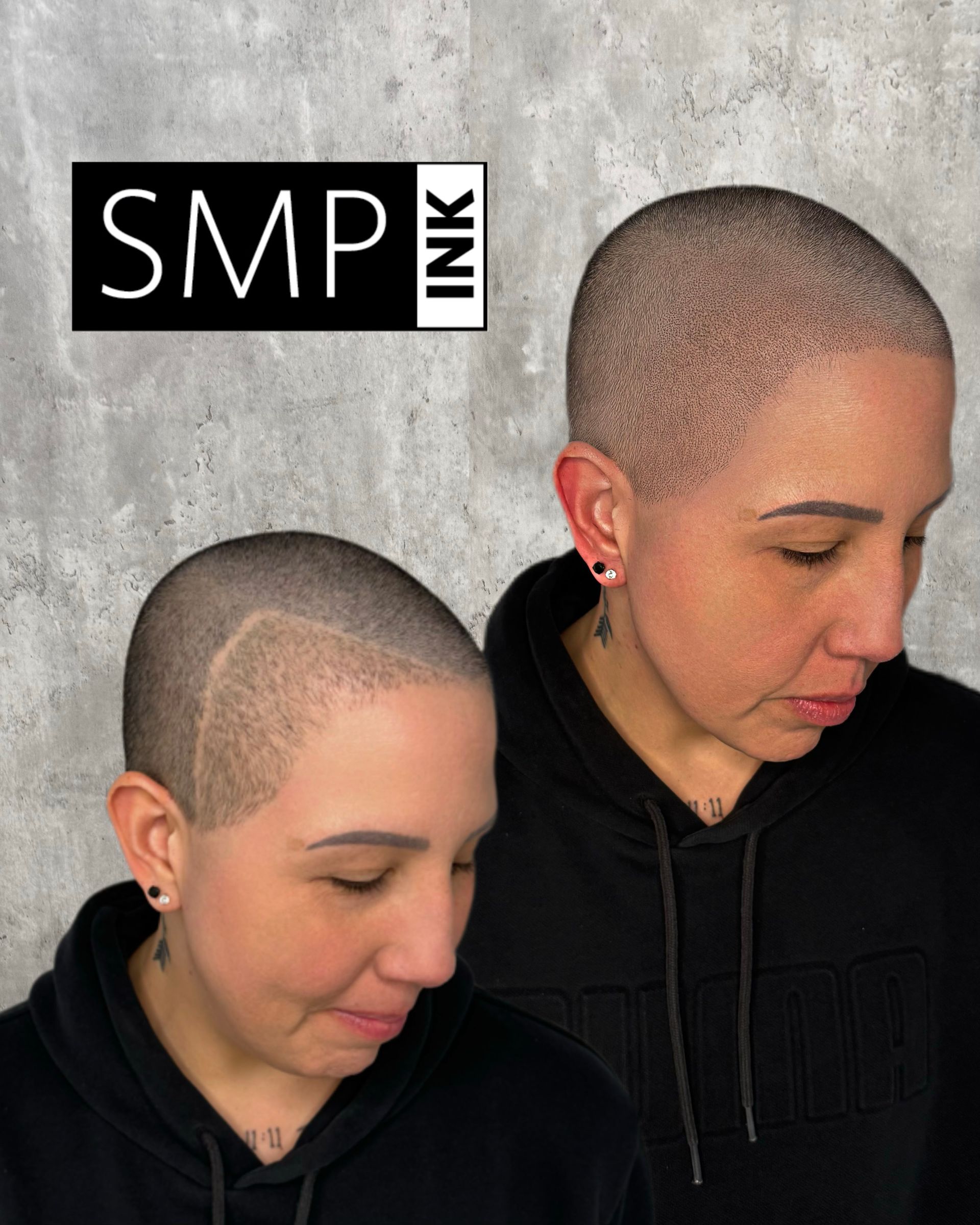 Two views of a short buzz cut on a person, with SMP Ink logo on a gray background.