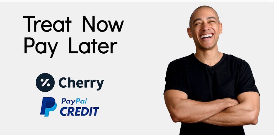 Treat Now, Pay Later ad with Cherry and PayPal Credit logos beside a smiling man with folded arms