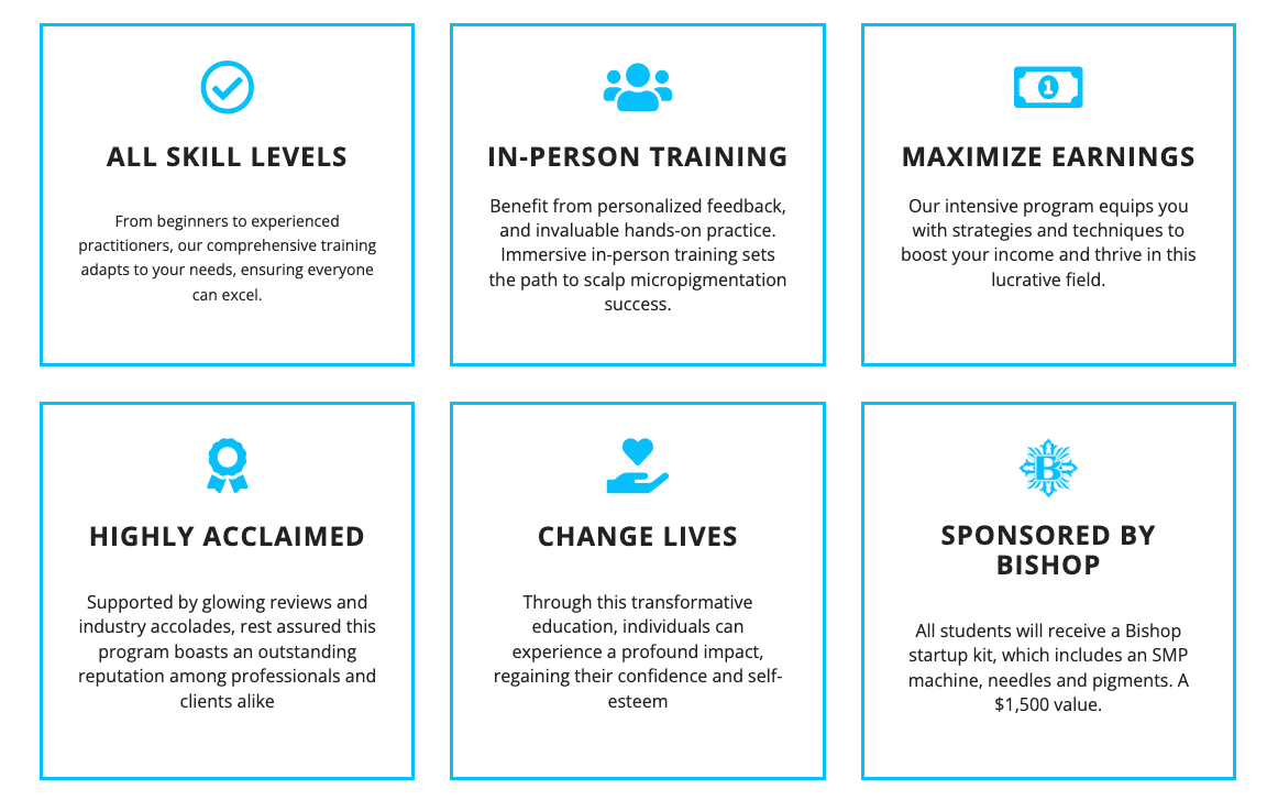 Six blue-outlined info boxes listing benefits: all skill levels, training, earnings, highly educated, change lives, sponsored by bishop
