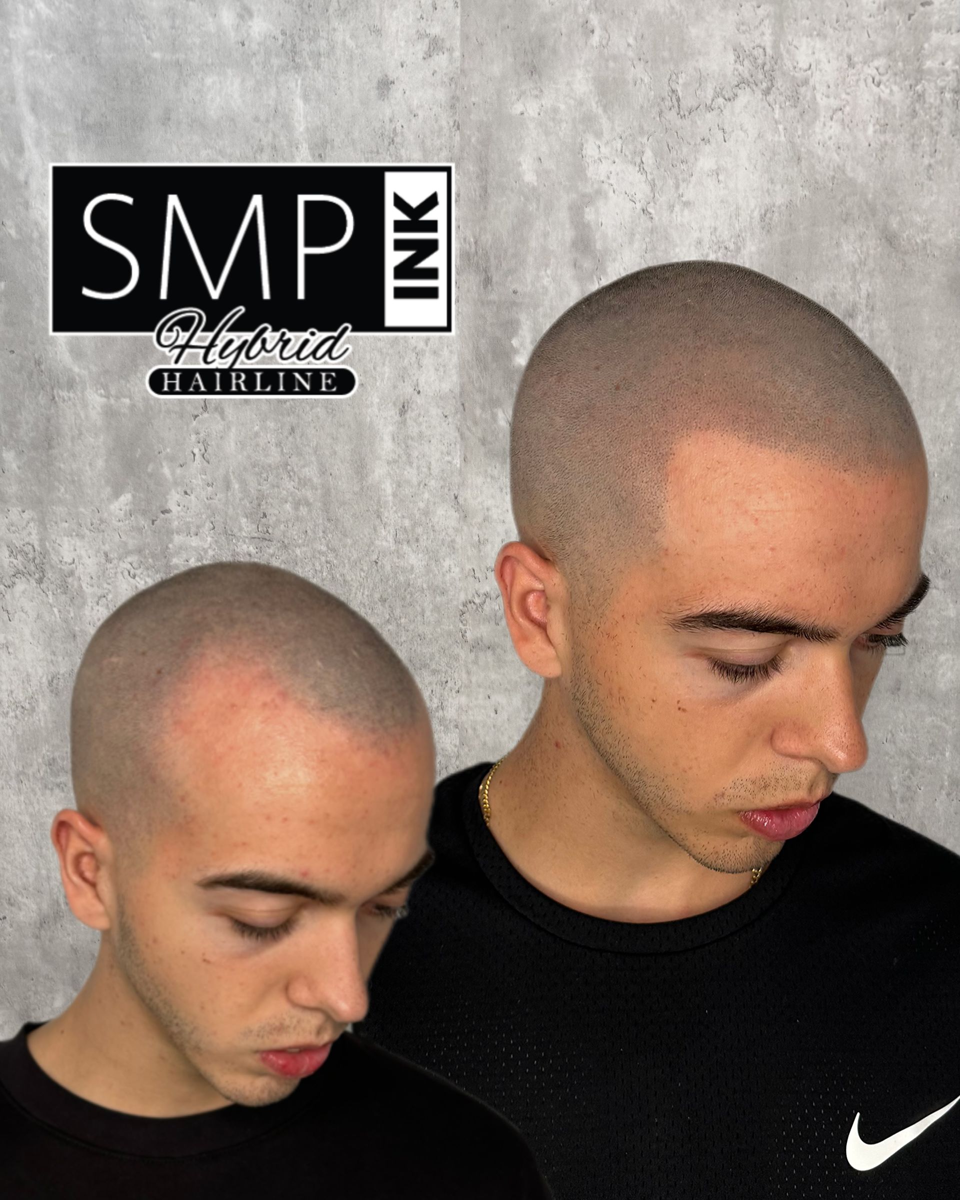 Two views of a bald man in a black Nike shirt against a gray wall, with SMP Ink logo in the corner.