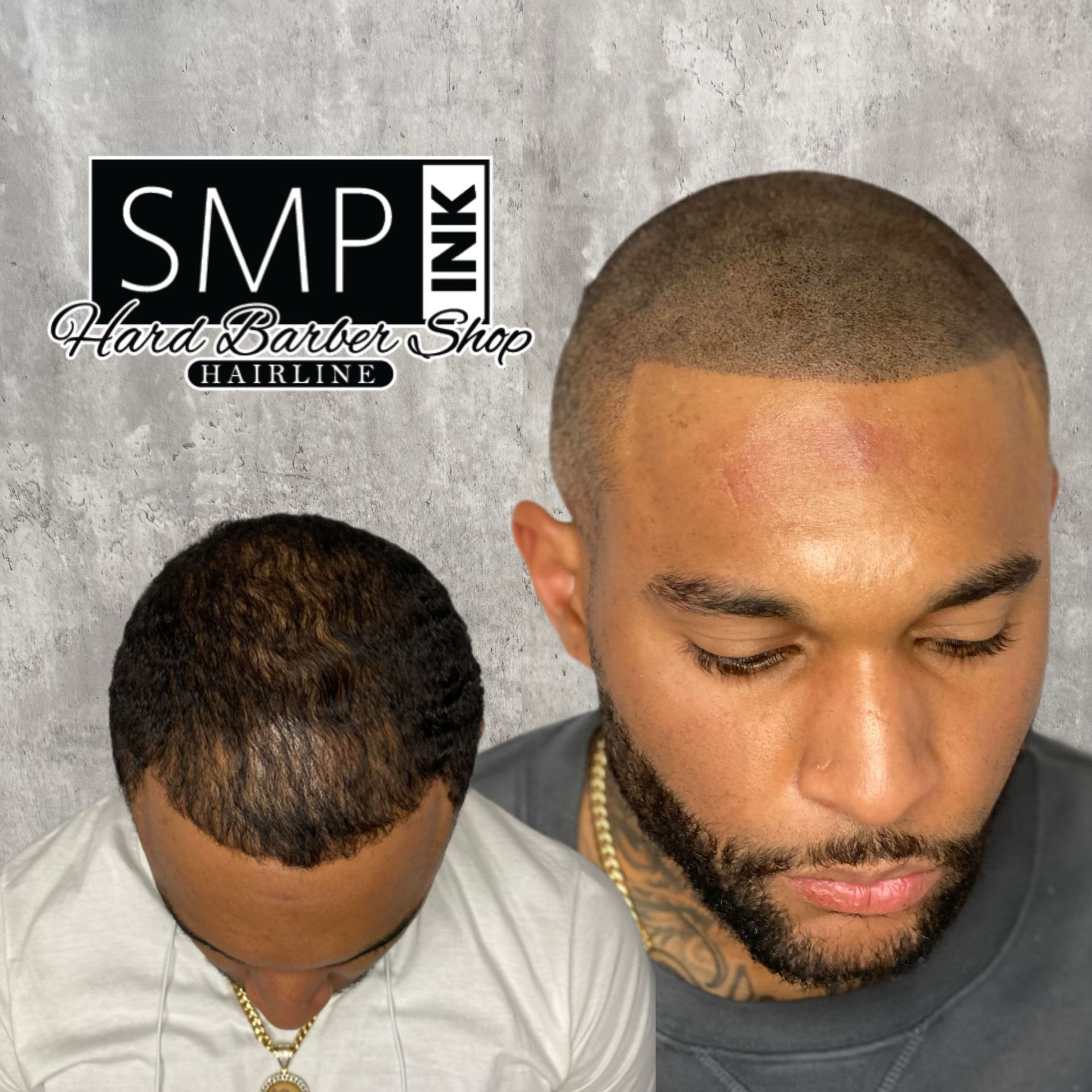 Before-and-after haircut photos at SMP Ink Hard Barter Shop, showing a fresh buzz cut and lined beard.