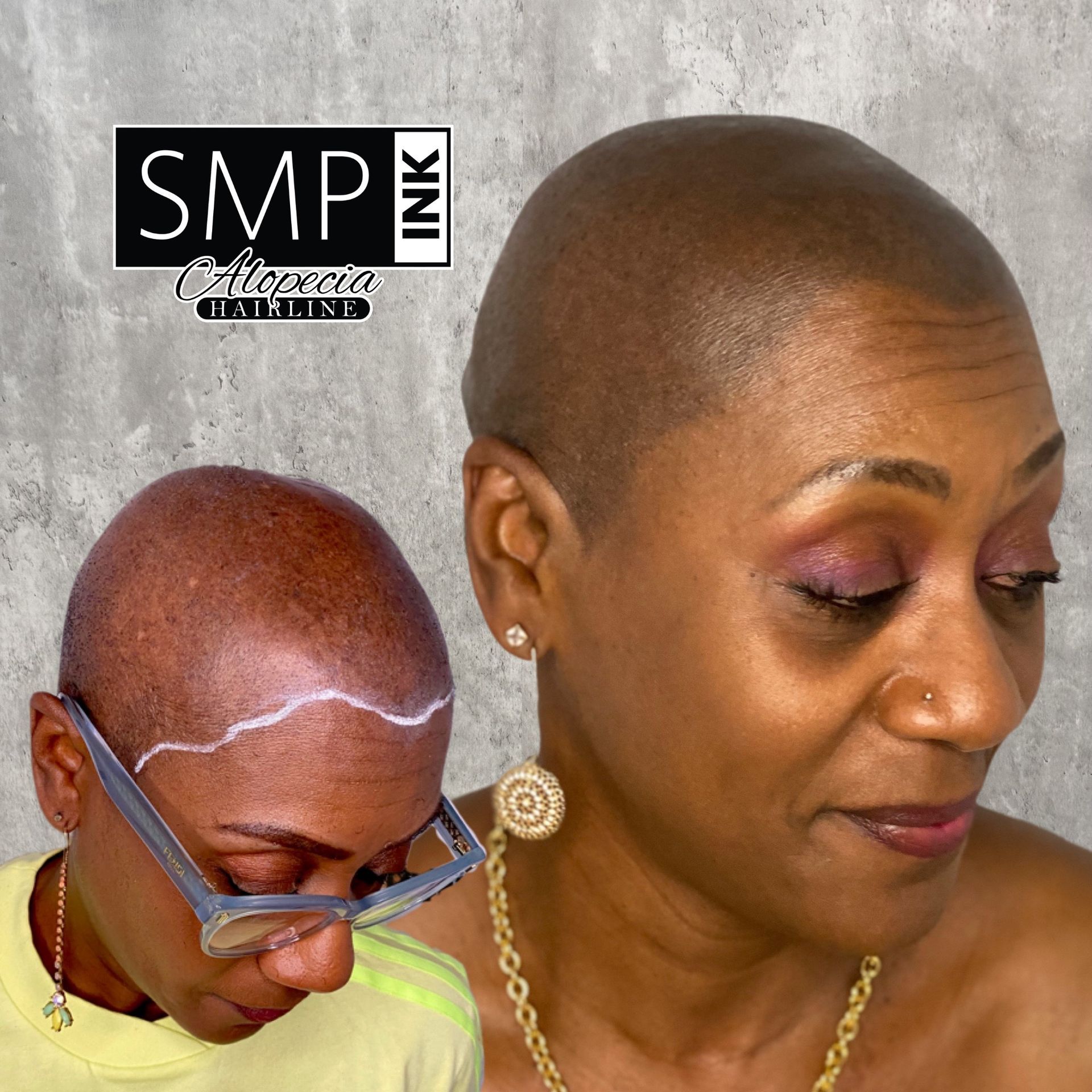 Woman with shaved head and makeup close-up, plus inset of her looking down with purple eyeliner and ink logo.
