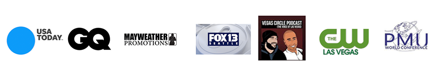 Row of TV network logos on a white background, including BBC America, GQ, FOX, CW, and PMU.