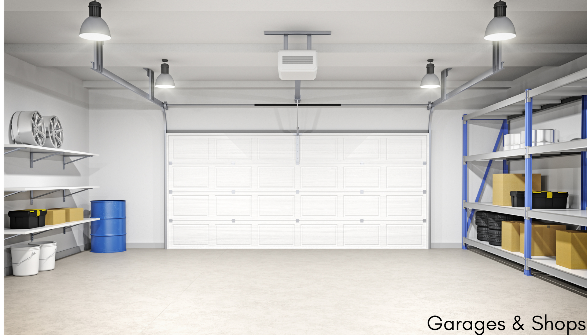 An empty garage with a white garage door and shelves filled with boxes.