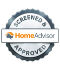 A screened and home advisor approved seal on a white background
