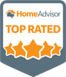 A badge that says home advisor top rated with four stars