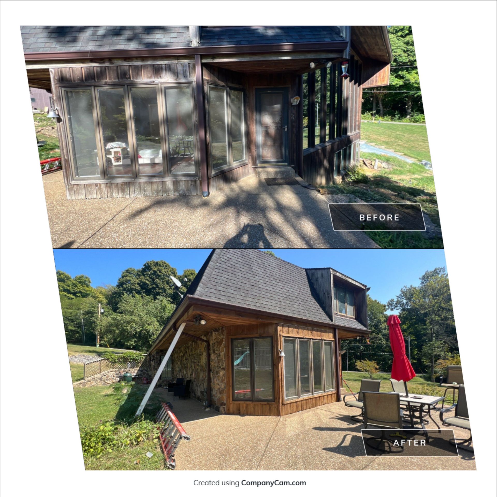 A before and after photo of a house with a clean roof.