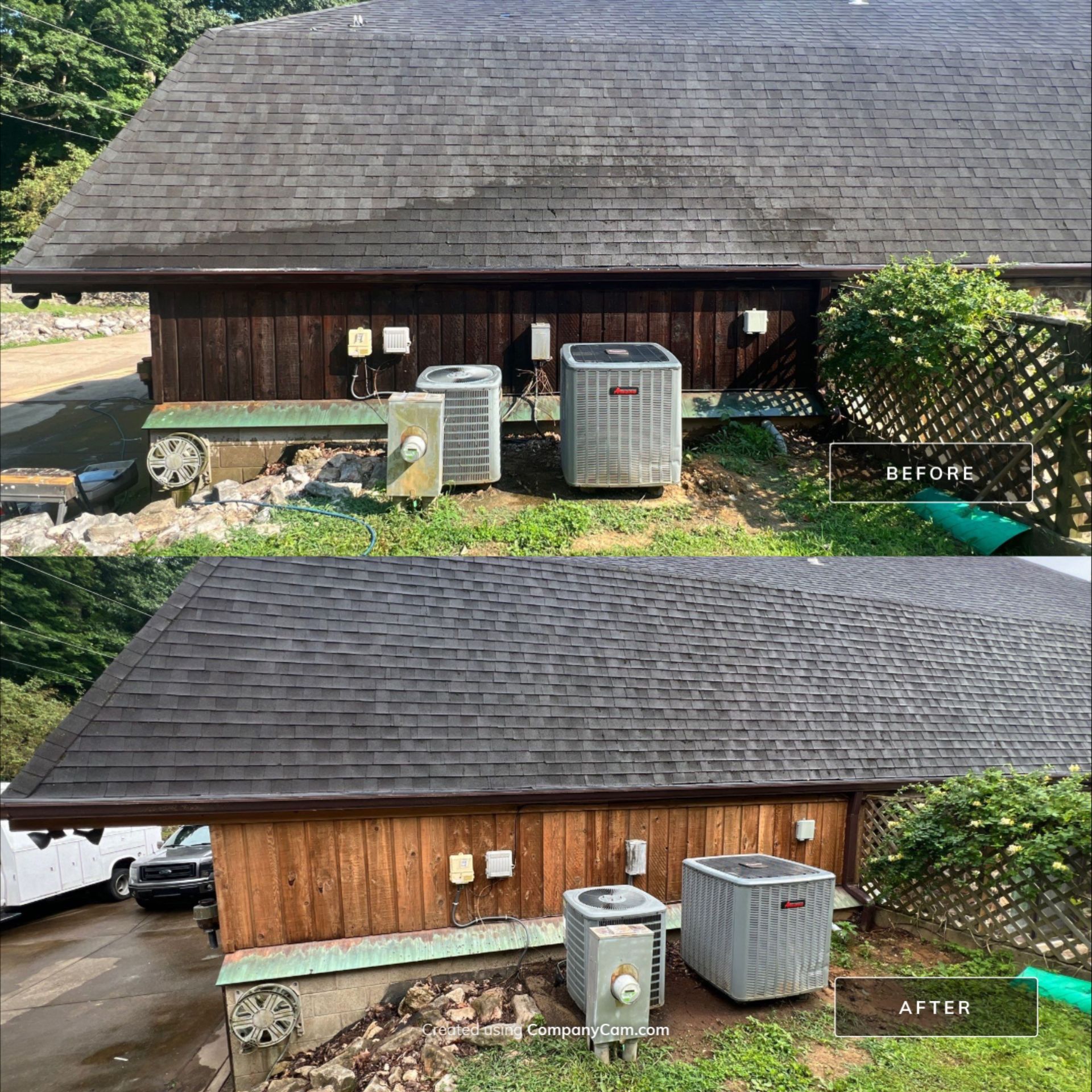 A before and after picture of a house with a roof that's been cleaned/