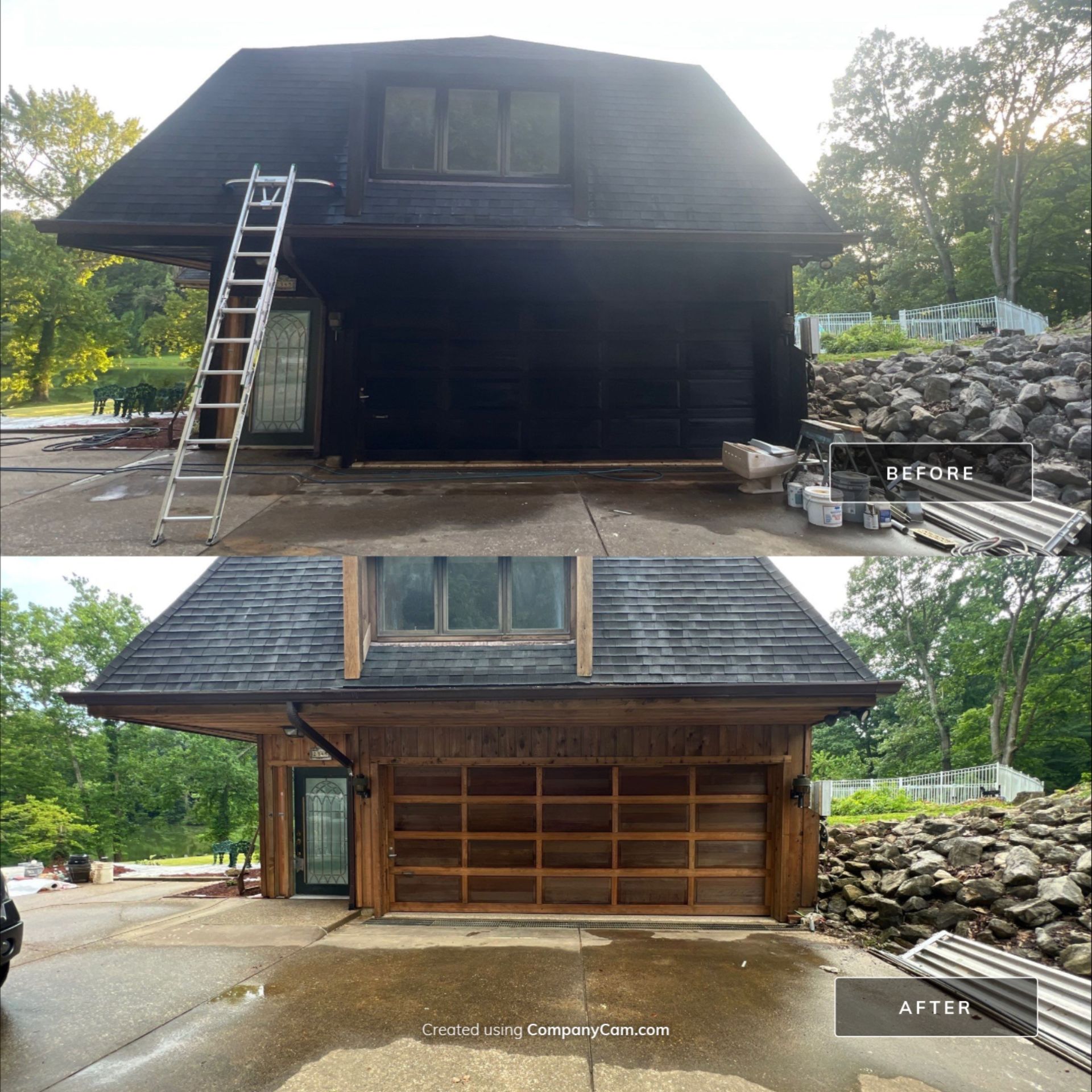 A before and after photo of a roof that's been cleaned.