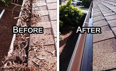 A before and after picture of a gutter on a roof