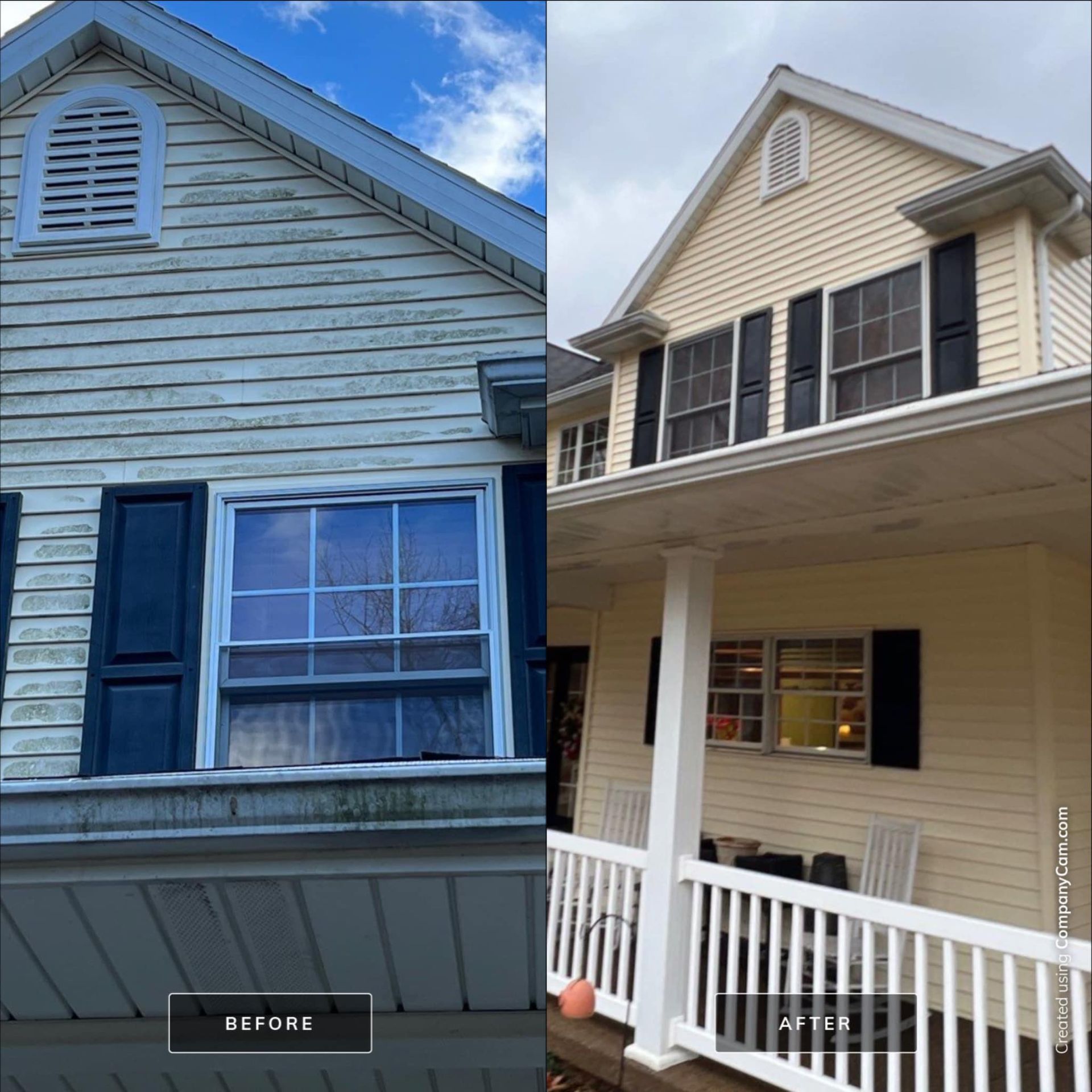 A before and after photo of a house with black shutters being cleaned.