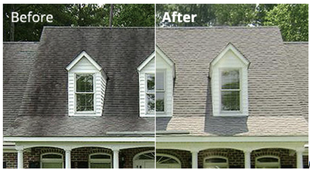 A before and after picture of a house 's roof that has been cleaned.