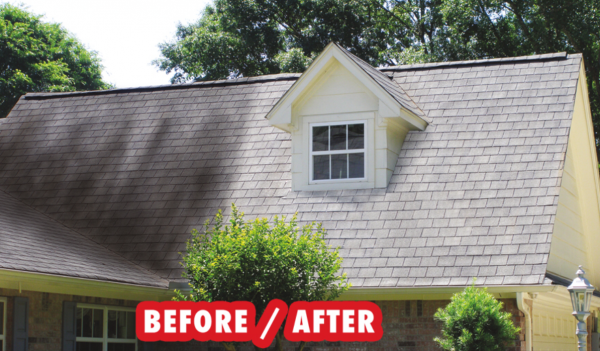 A before and after photo of a house 's roof being cleaned