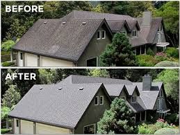 A before and after picture of a house with a new roof.