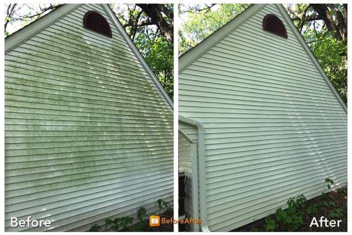 A before and after picture of a house siding being cleaned.