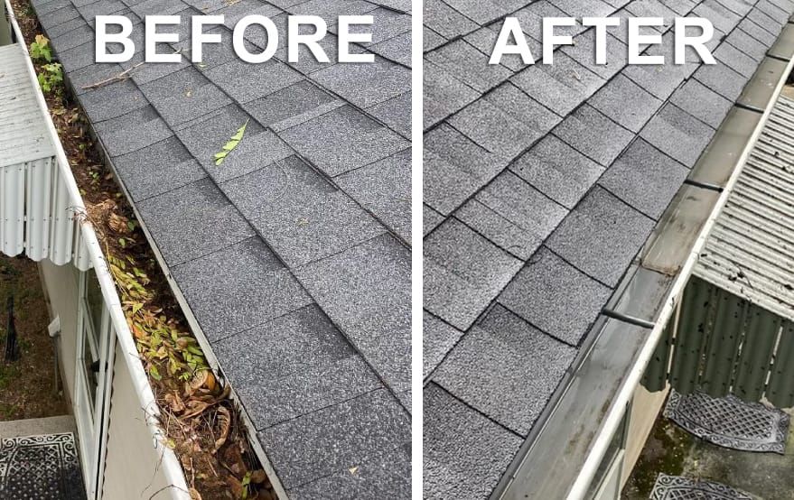 A before and after picture of a gutter cleaning on a roof.
