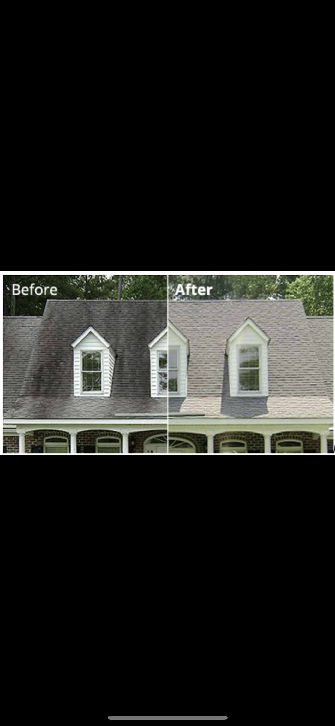 A before and after picture of a house 's roof being cleaned.