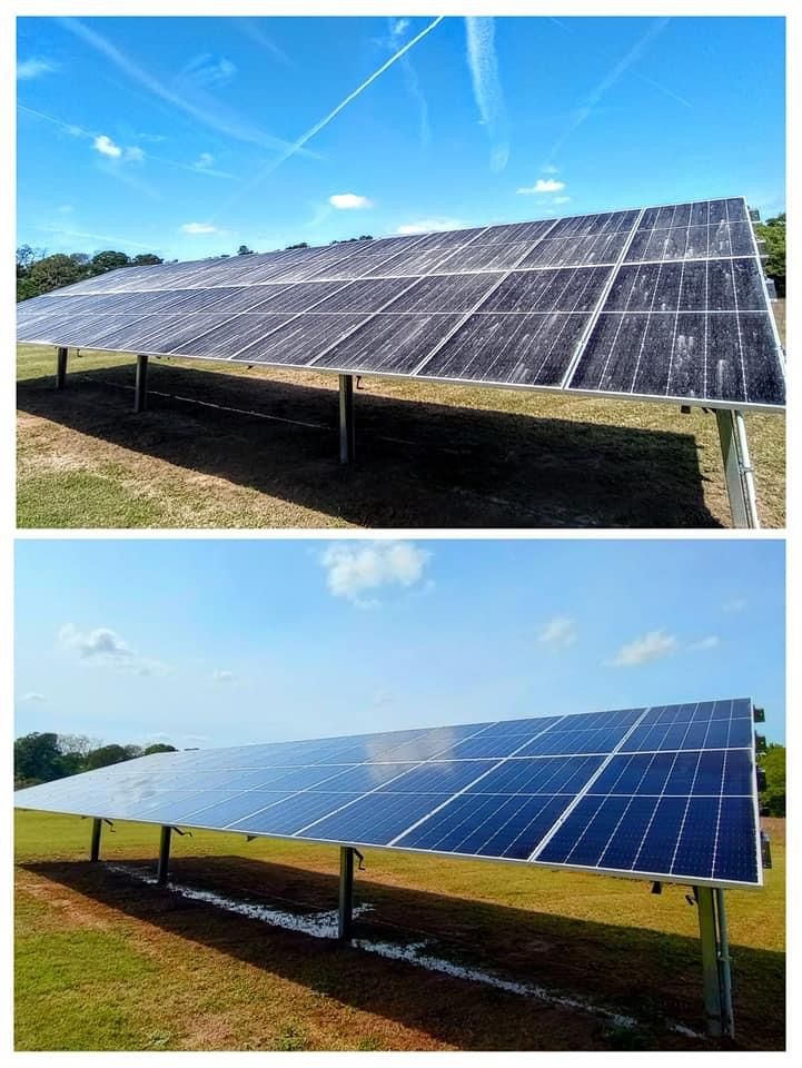 A before and after picture of a solar panel that have been cleaned in a field.