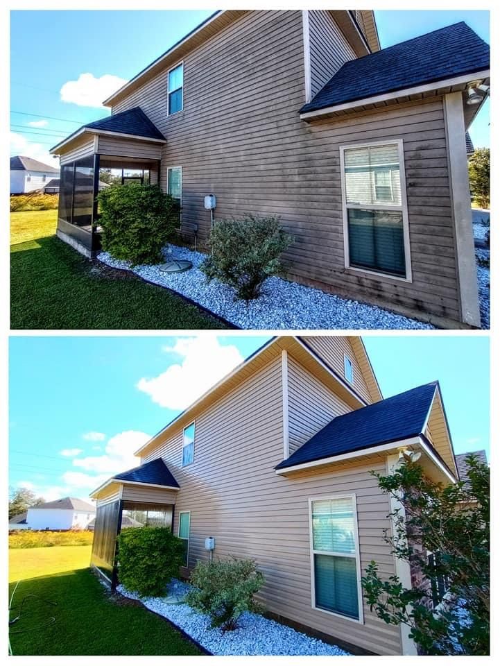 A before and after picture of a house that's been cleaned with a screened in porch.