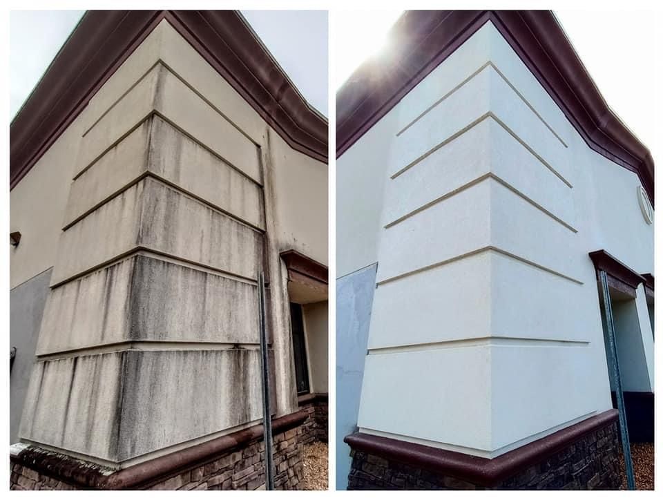 A before and after picture of a building 's corner that's been cleaned.