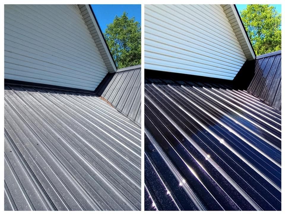 A before and after picture of a metal roof that has been cleaned.