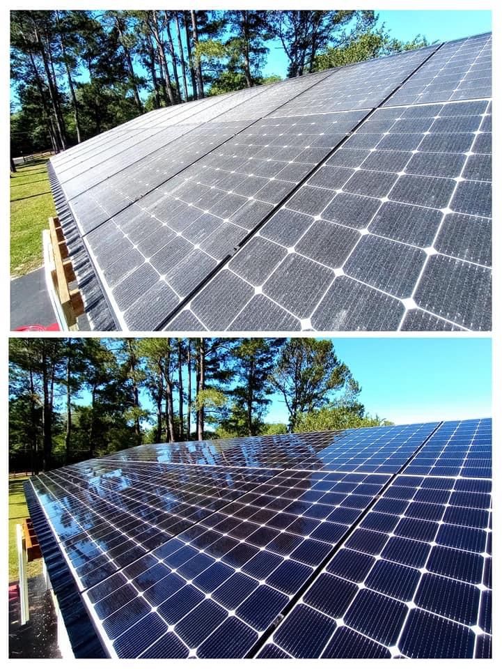 A collage of two pictures of solar panels on a roof that have been cleaned.
