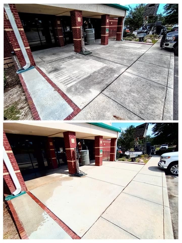 A before and after photo of a concrete sidewalk that's been cleaned in front of a building.
