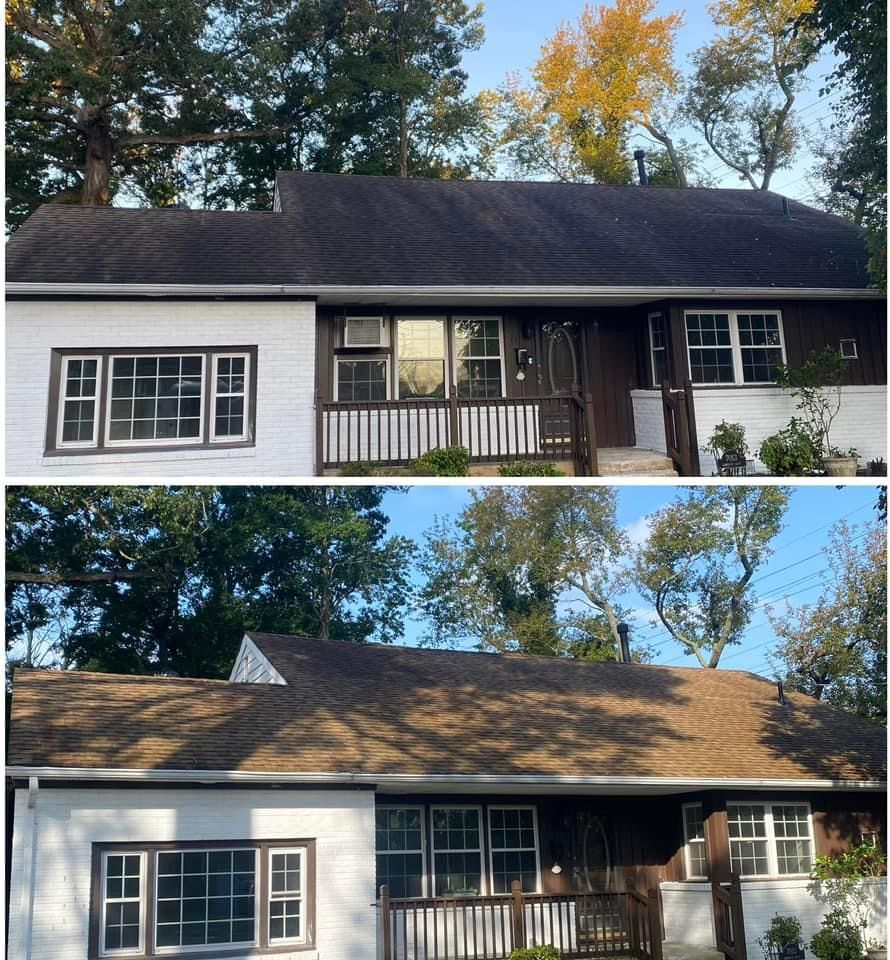 A before and after picture of a house with a black roof that has been cleaned.