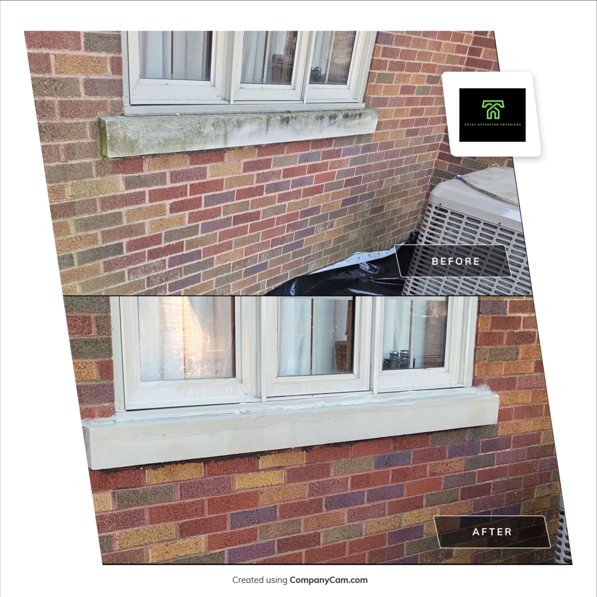 A before and after picture of a window on a brick wall that has been cleaned.