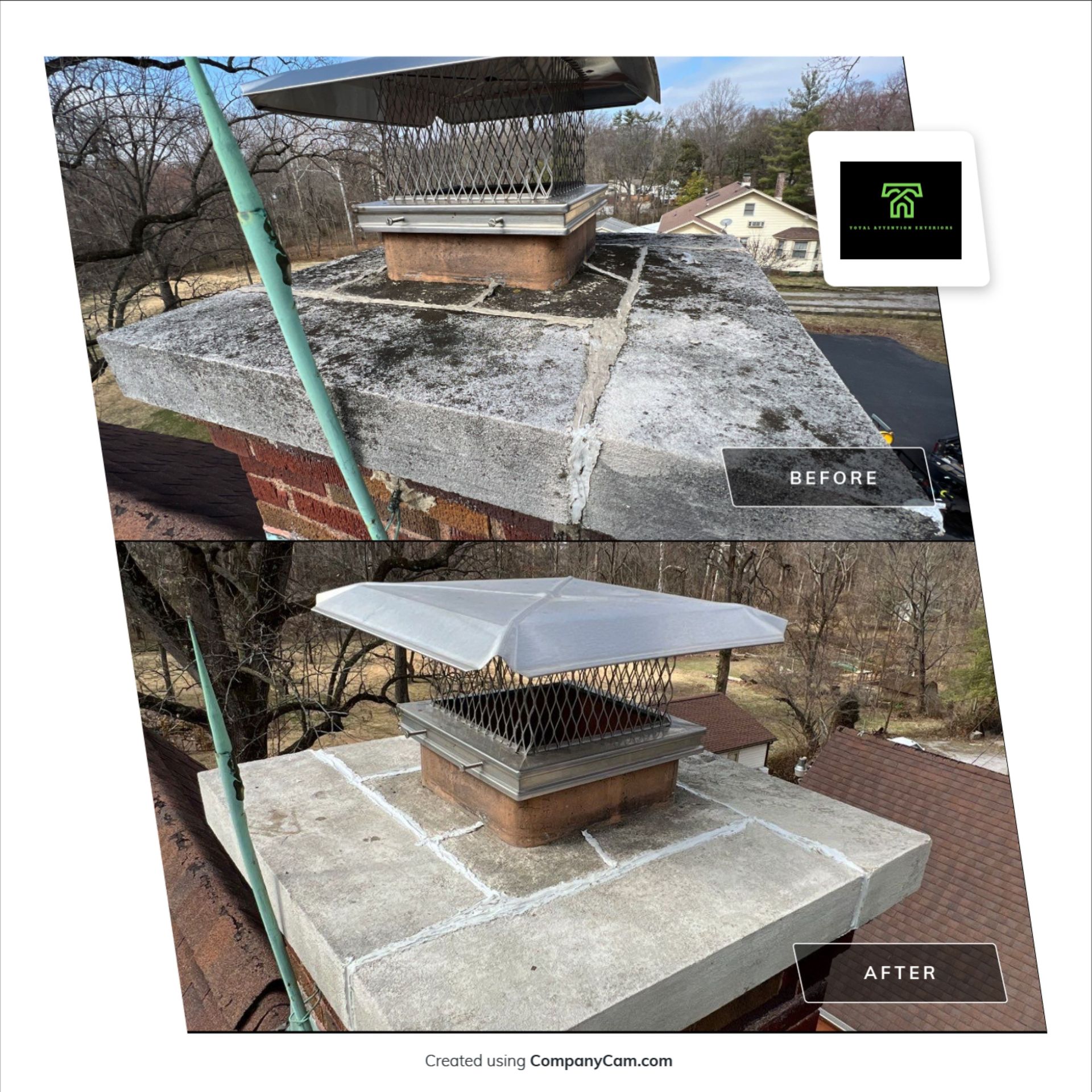 A before and after picture of a chimney on a roof being cleaned.