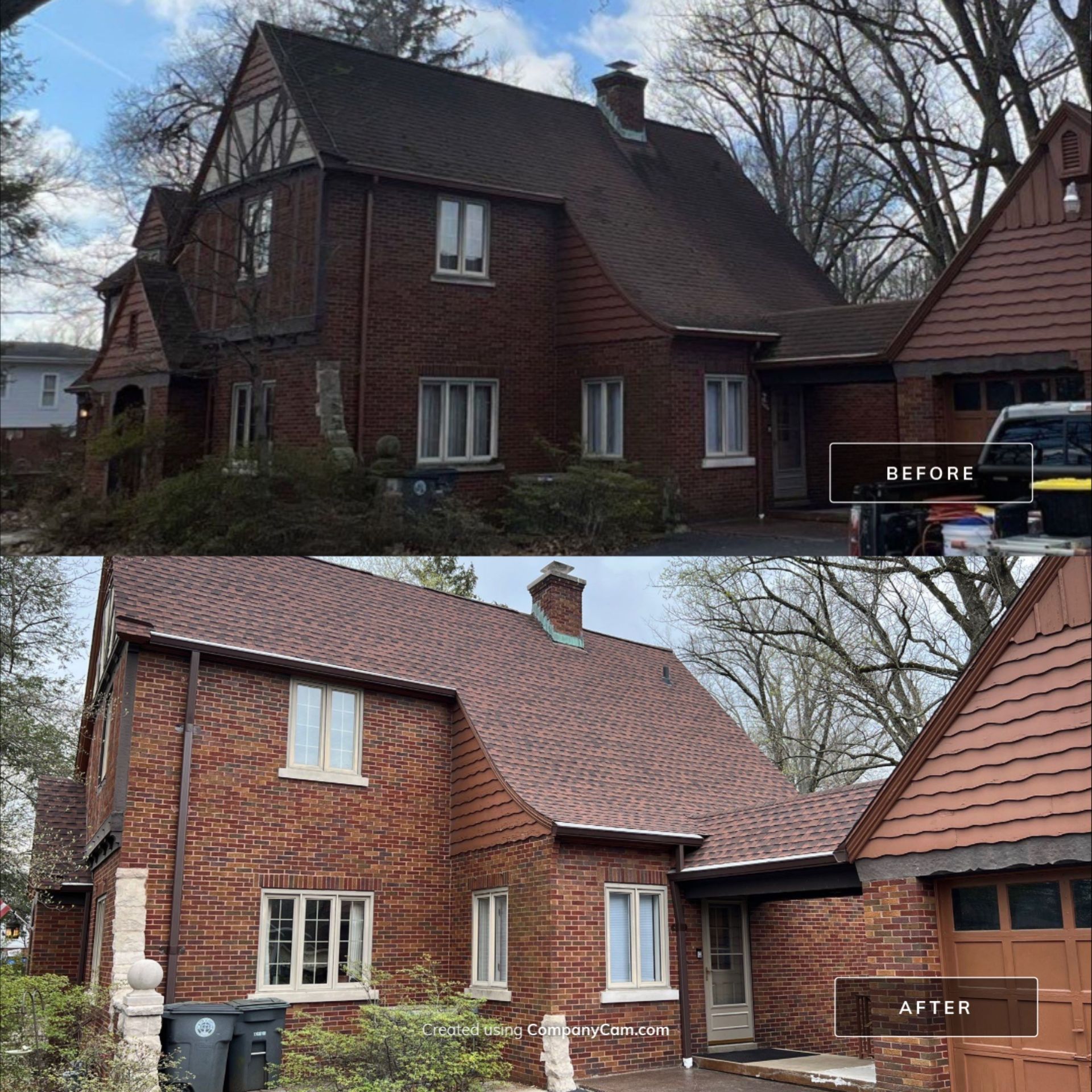 A before and after photo of a brick house that has been cleaned.