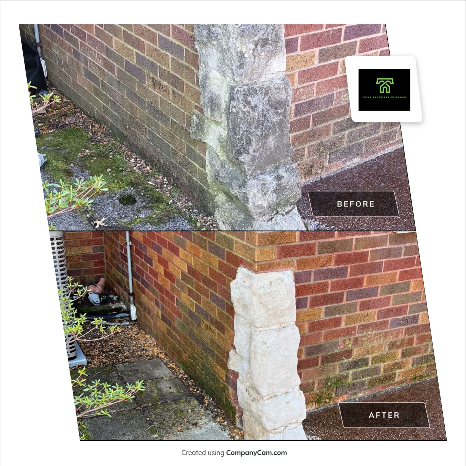 A before and after picture of a brick wall that has been cleaned.