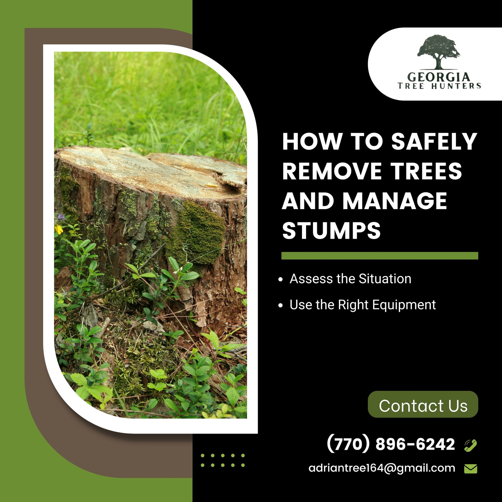 Advertisement for Georgia Tree Hunter with tree stump and tips on safe tree removal.