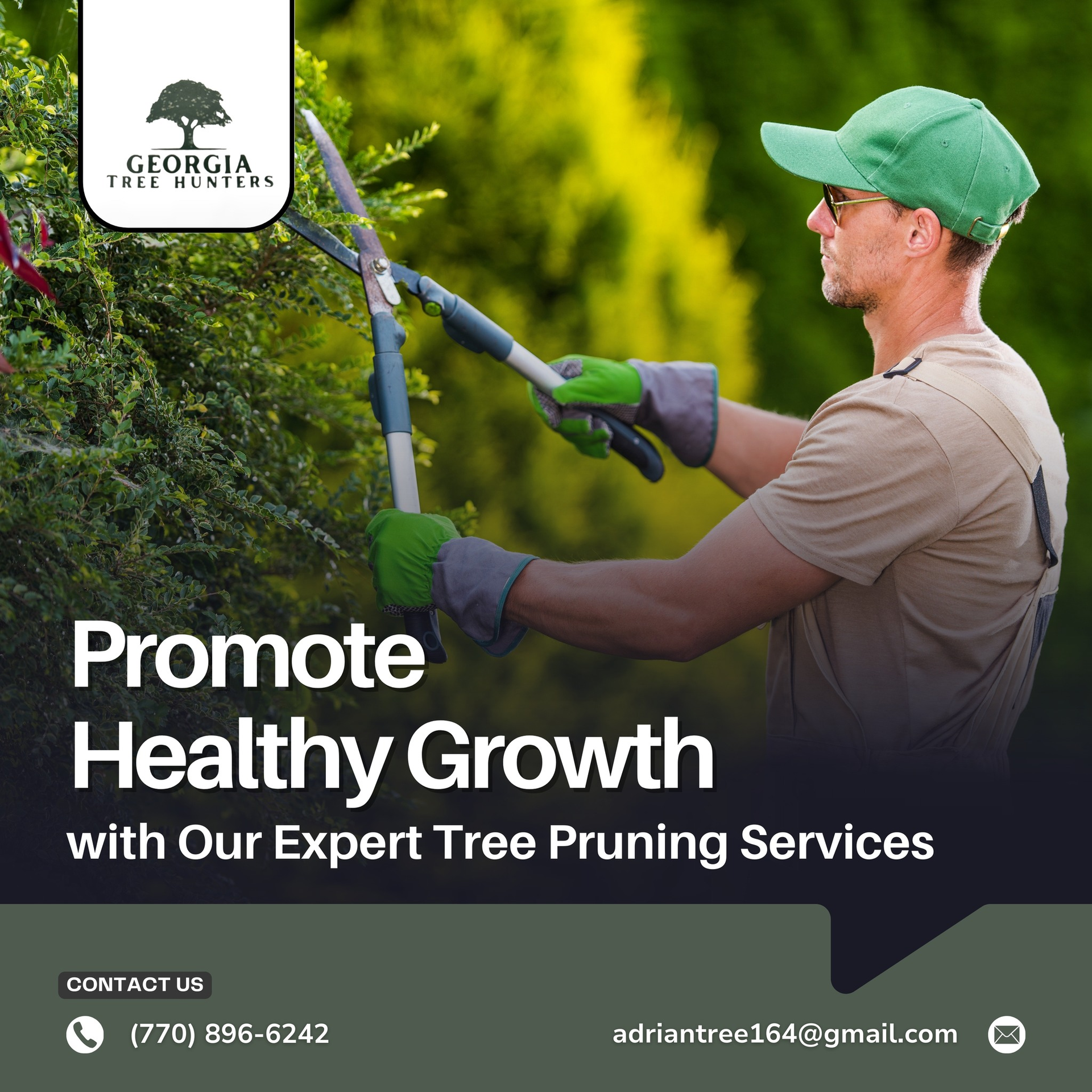 A man in a green hat prunes a bush. Text reads 