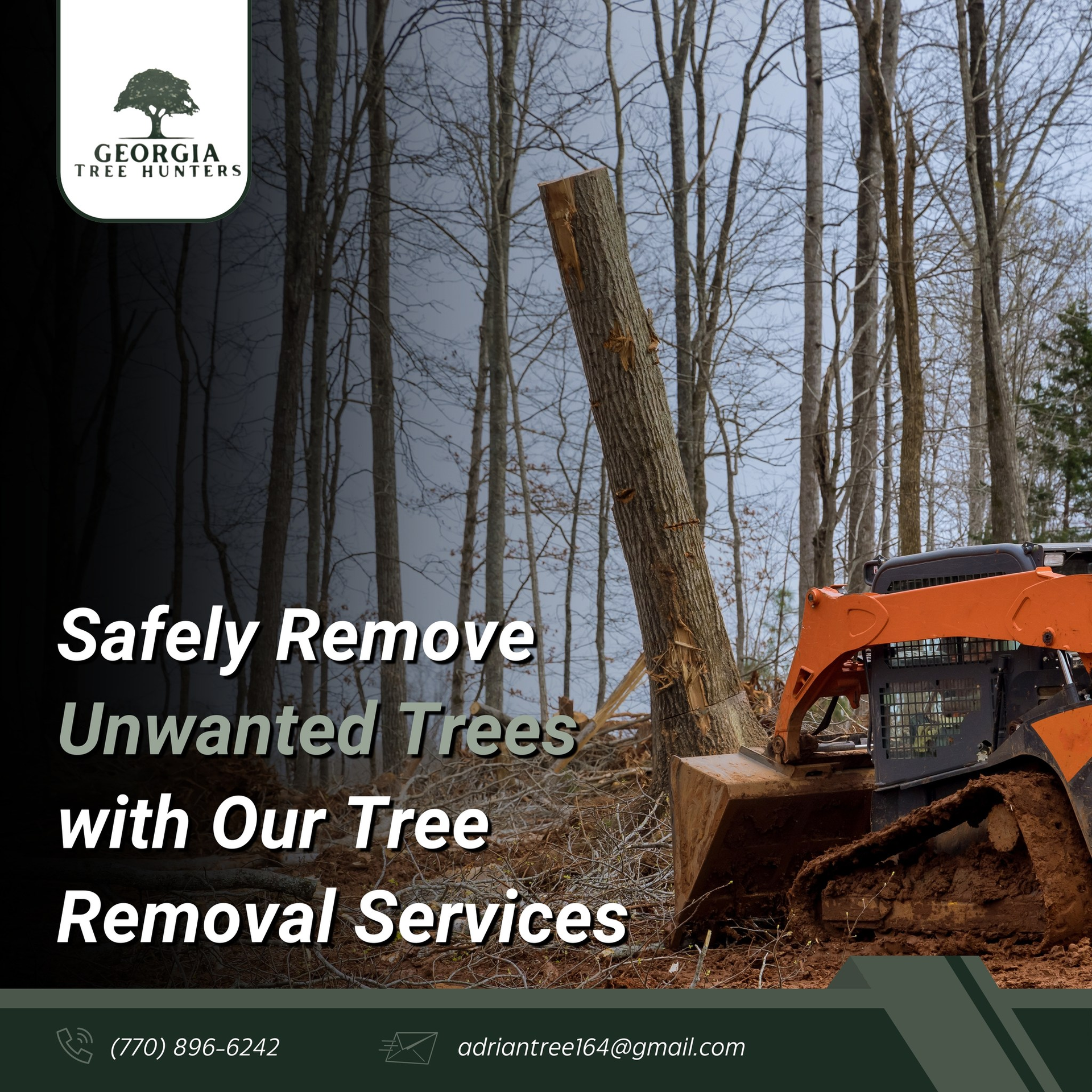 Orange skid steer removing a tree trunk. Text: 
