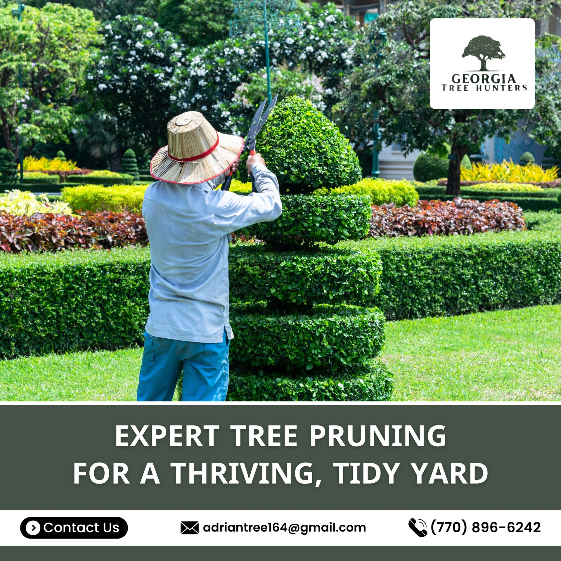 Man pruning a topiary in a yard with the Georgia Tree Hunters logo. 