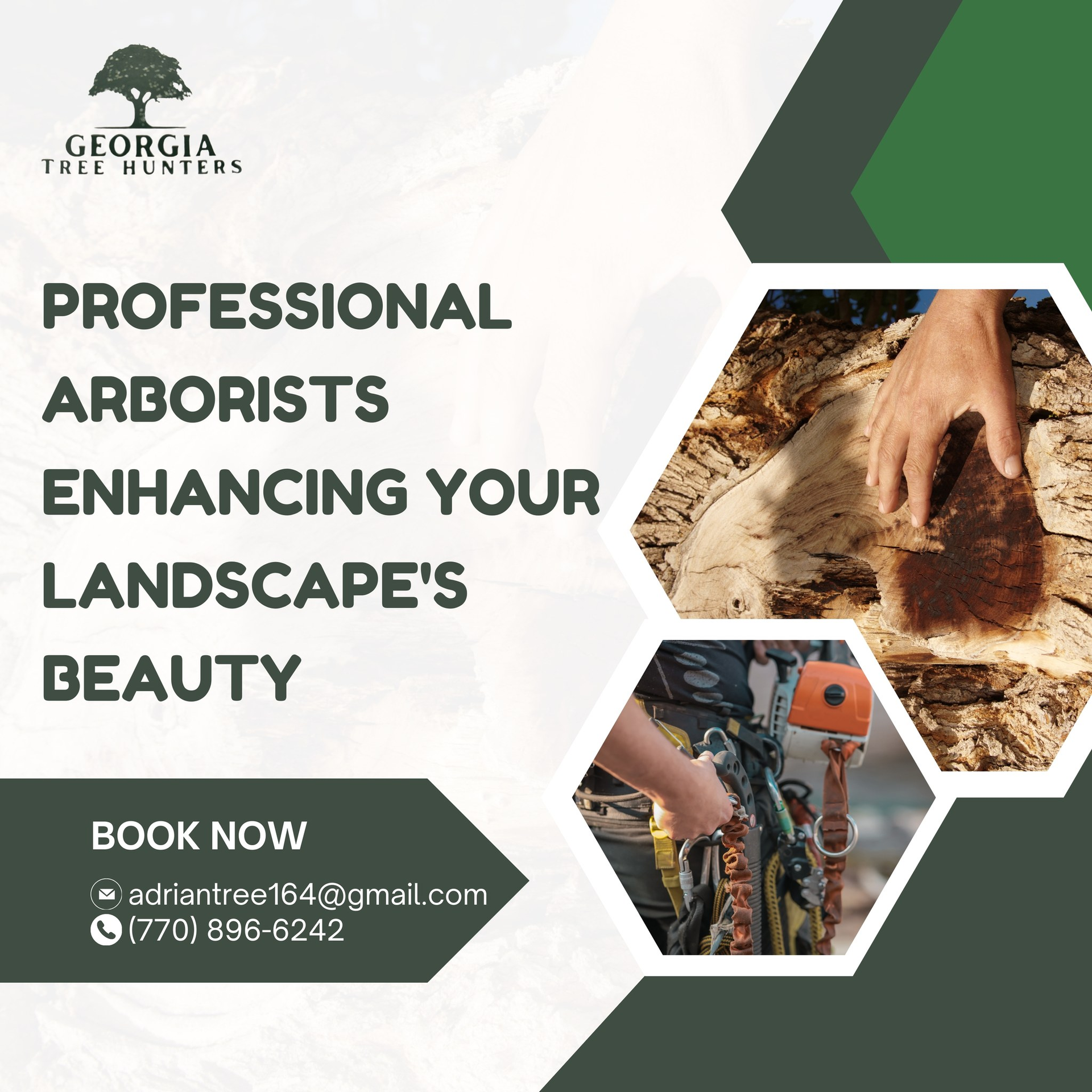 Advertisement for Georgia Tree Hunters: arborists enhancing landscape beauty. Includes contact info, tree/hand images, and green/white design.