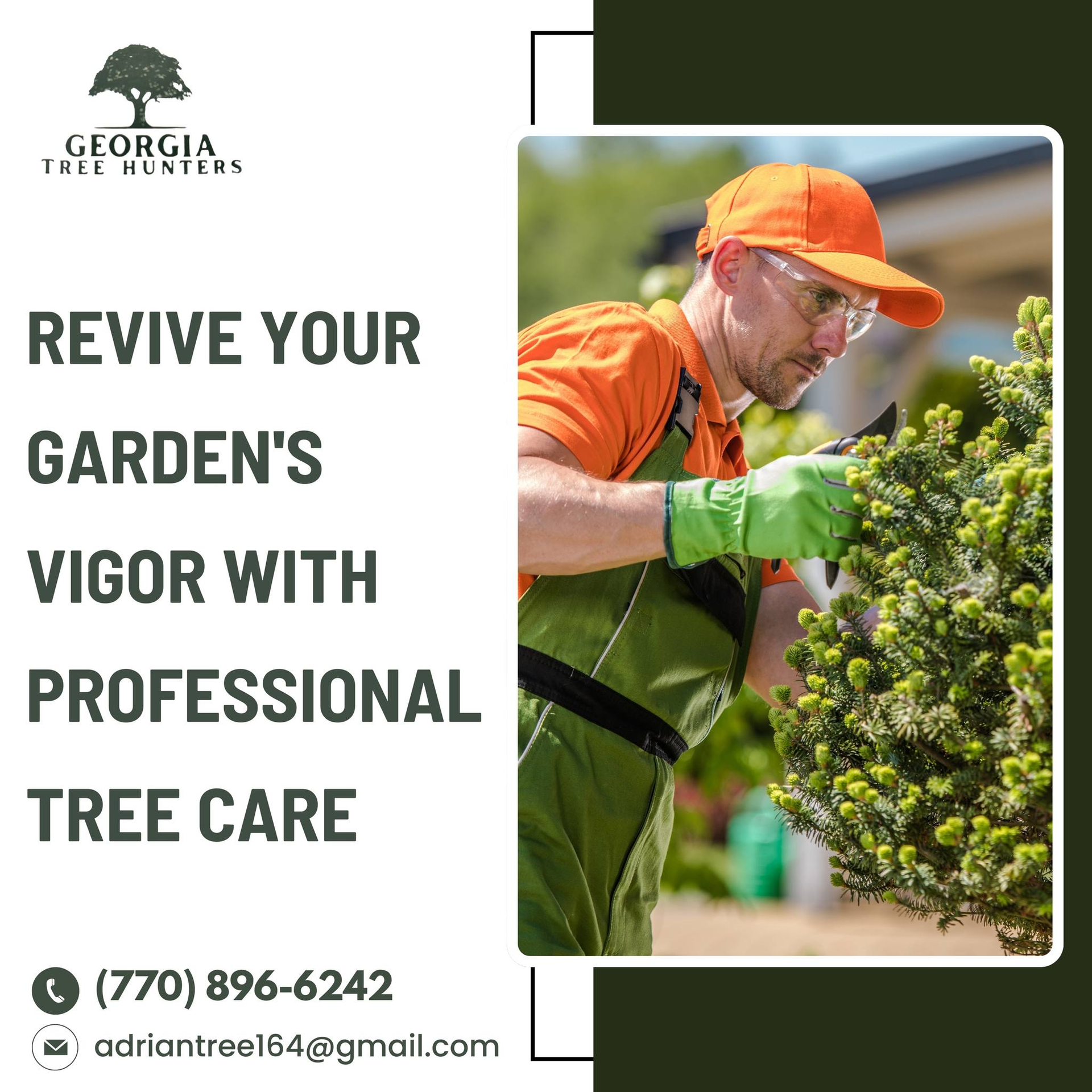 Advertisement for Georgia Tree Hunters. A person trims a bush. Text: Revive your garden's vigor with professional tree care. Phone and email listed.