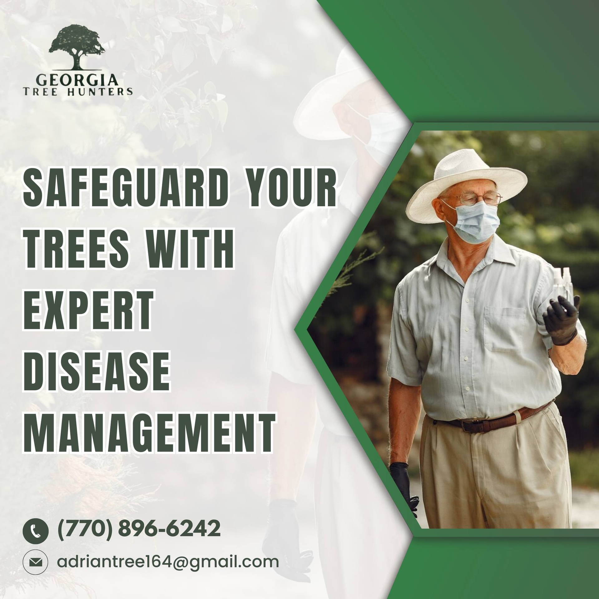 Advertisement for Georgia Tree Hunters. Man in a hat and mask examines a vial. Text: 