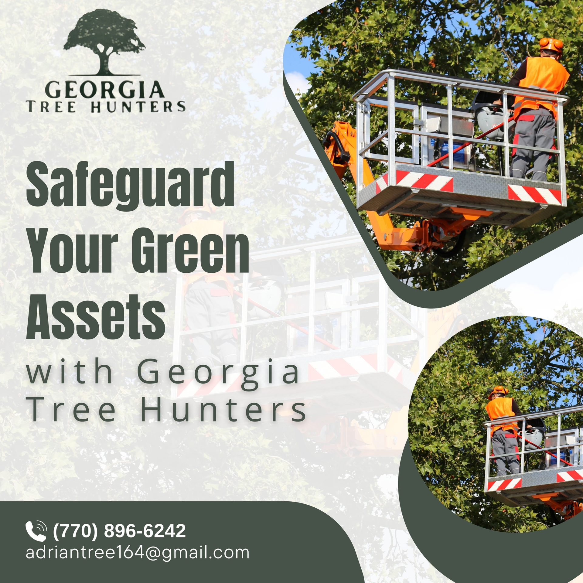 Ad promoting Georgia Tree Hunters. Shows a worker in a lift trimming trees. Includes contact info.