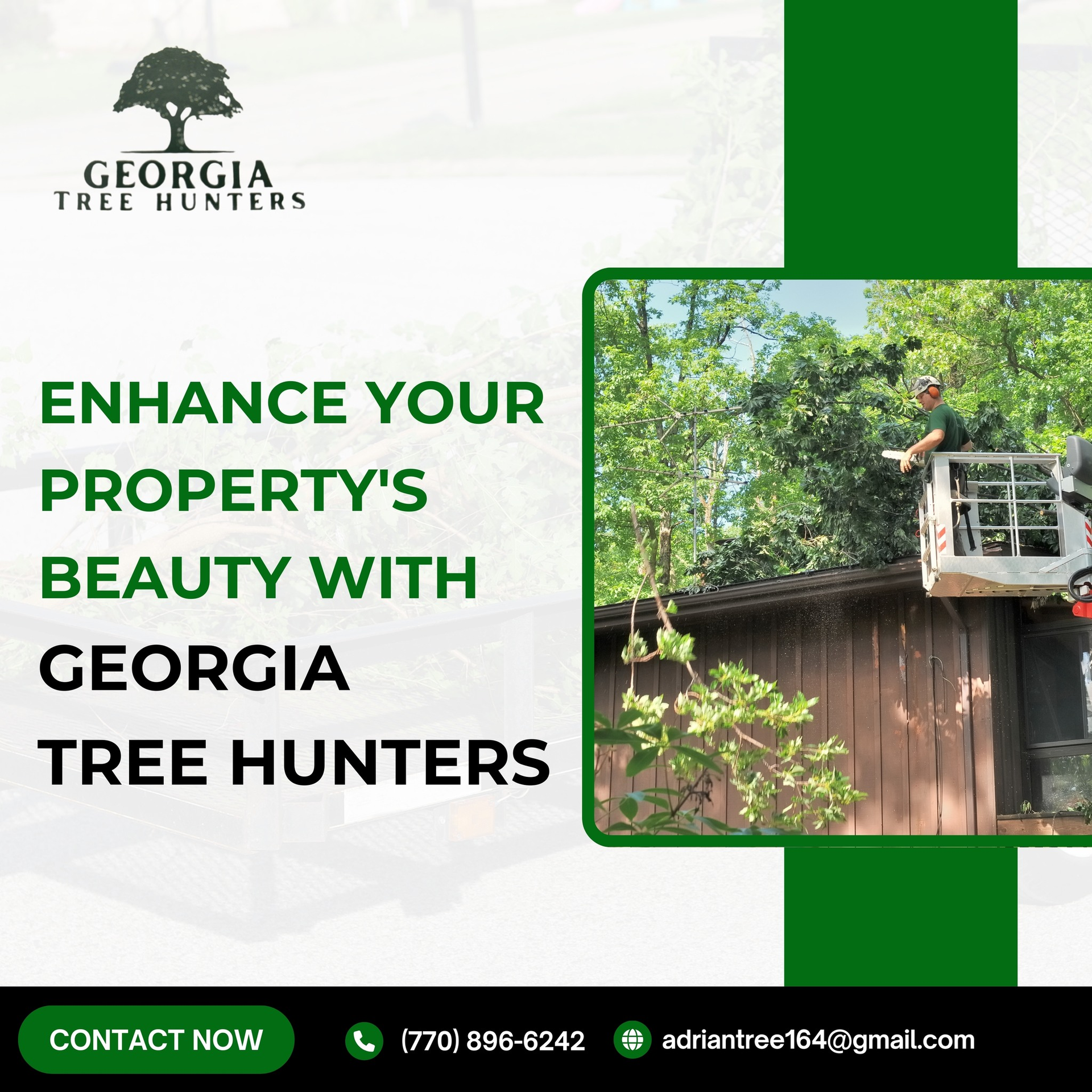 Advertisement for Georgia Tree Hunters. Man in lift trims tree, green and white design.