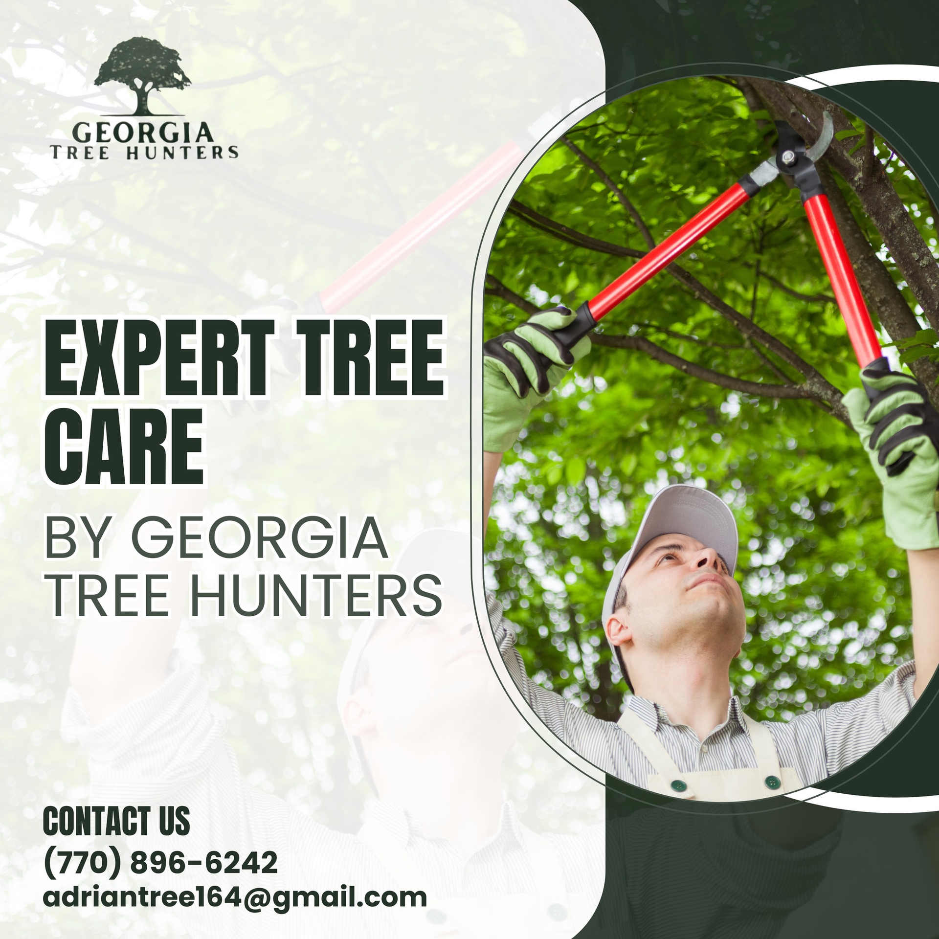 Advertisement for Georgia Tree Hunters. Man pruning tree branches with long-handled pruners. Text: 