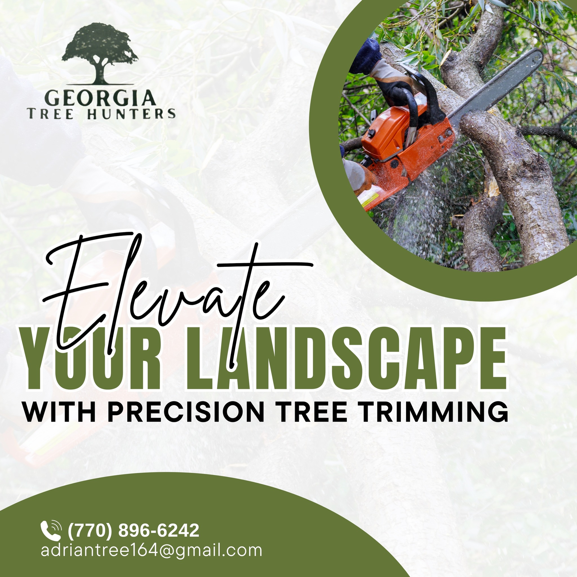 Advertisement for Georgia Tree Hunters: A chainsaw cutting a tree. Text: Elevate your landscape with precision tree trimming.
