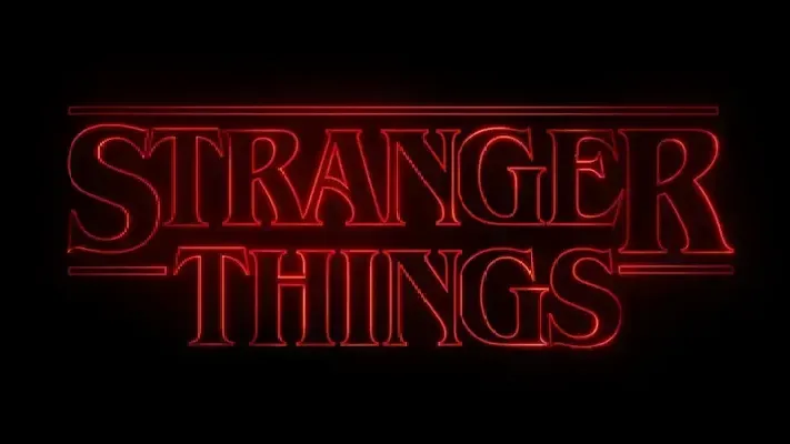 The logo for stranger things is lit up in red on a black background.