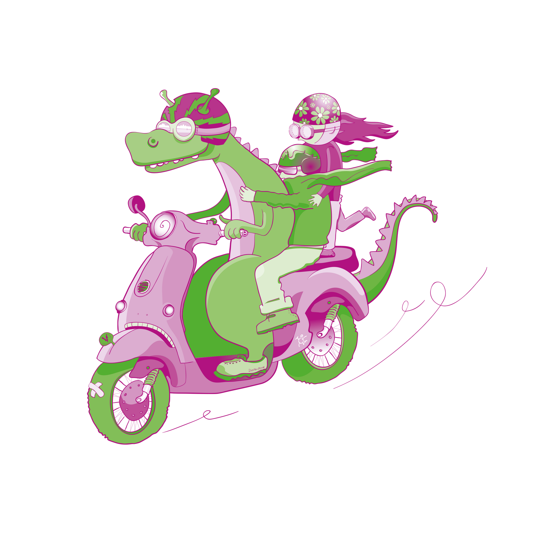 Illustratie voor magazine ‘Kidspas’ voorzijde - alle hoofdrolspelers op scooter