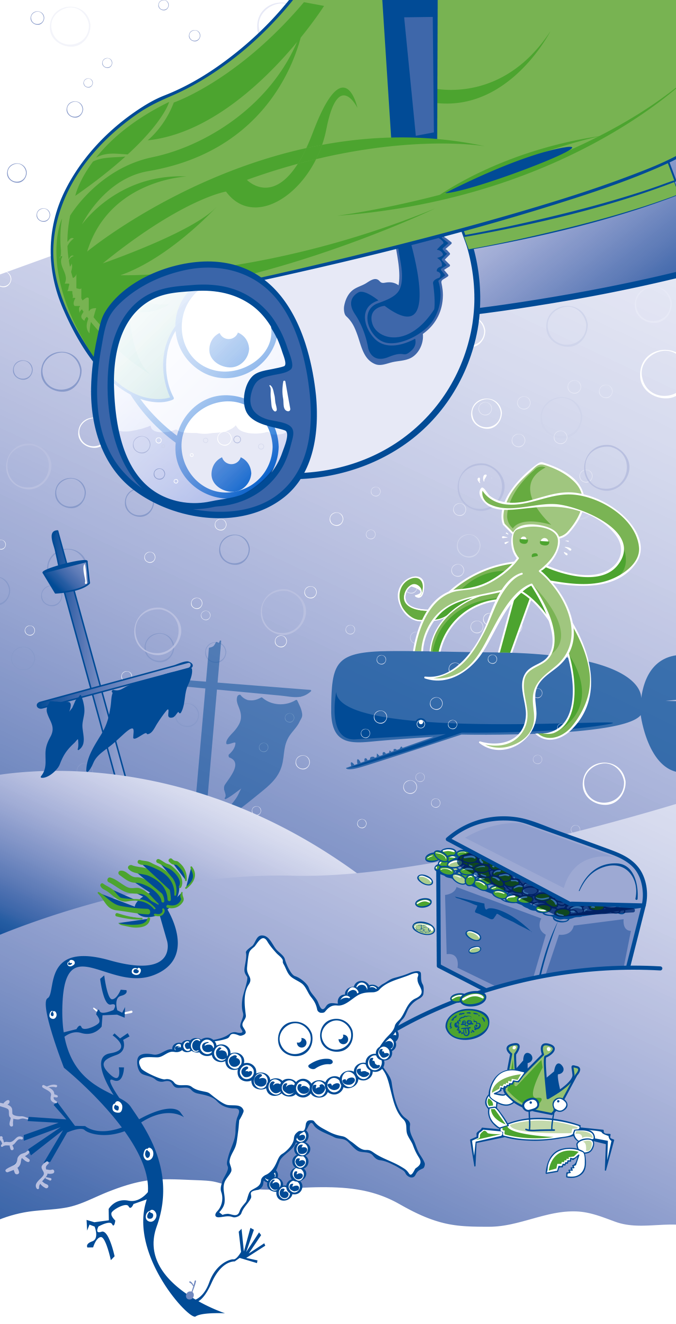 Illustratie voor magazine ‘Kidspas’ meisje duikt onderwater naar schatten